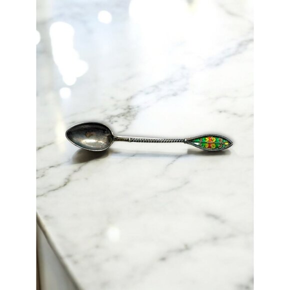 Antique 800 Silver Spoon Brooch Enamel Handle Monogram - Picture 1 of 8